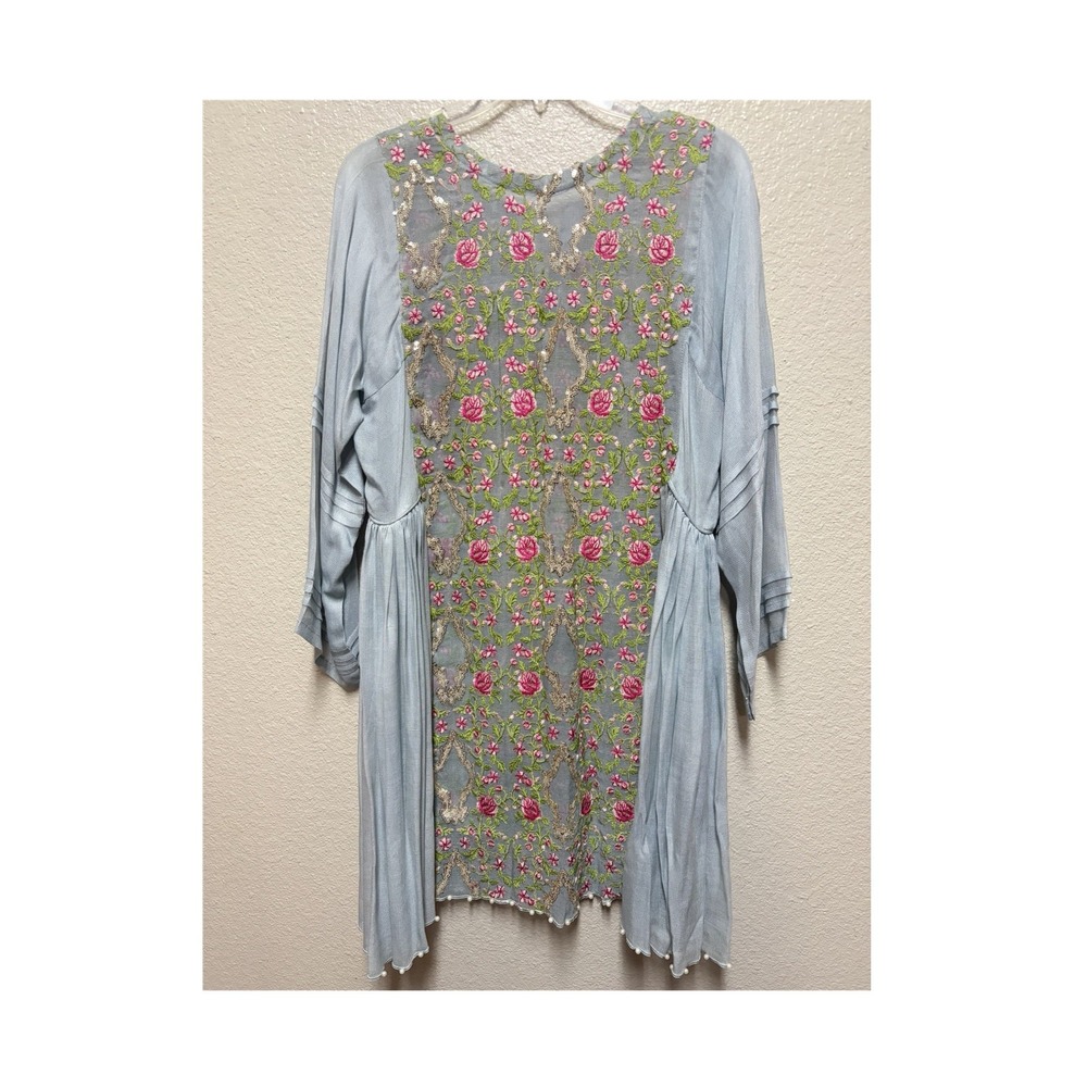 Women's Blue Cotton Embroidered Floral Kurta Tunic w/ Gold Trim, Pearl, OS